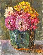 Stillife with zinnias in a ginger pot. Floris Verster